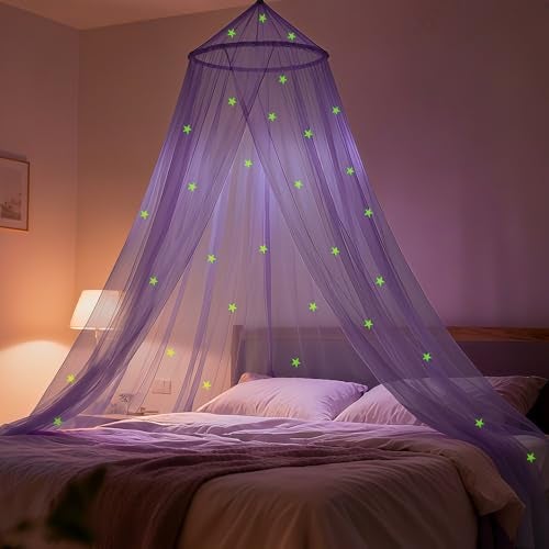 LionLively Purple Bed Canopy for Girls with Glow-in-The-Dark Stars, Princess Canopy Curtains Fits Single, Twin, Full, Queen Size Bed, Bedroom Accessories, Ceiling Tent - Image 1