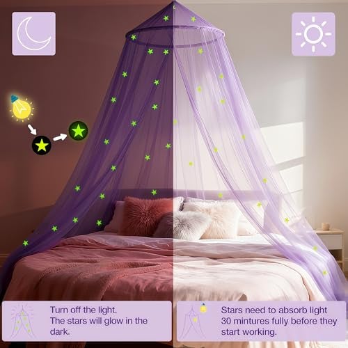 LionLively Purple Bed Canopy for Girls with Glow-in-The-Dark Stars, Princess Canopy Curtains Fits Single, Twin, Full, Queen Size Bed, Bedroom Accessories, Ceiling Tent - Image 2