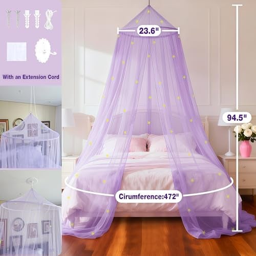 LionLively Purple Bed Canopy for Girls with Glow-in-The-Dark Stars, Princess Canopy Curtains Fits Single, Twin, Full, Queen Size Bed, Bedroom Accessories, Ceiling Tent - Image 3