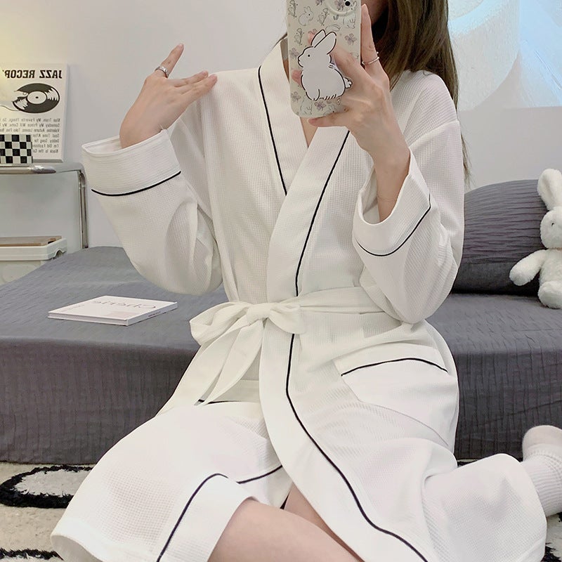 Waffle pajamas womens autumn and winter long-sleeved hotel style nightgown bathrobe solid color beauty salon swimming bathrobe sauna clothes 2229 khaki  - Image 4