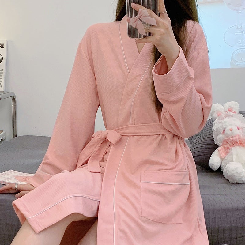 Waffle pajamas womens autumn and winter long-sleeved hotel style nightgown bathrobe solid color beauty salon swimming bathrobe sauna clothes 2229 khaki  - Image 2