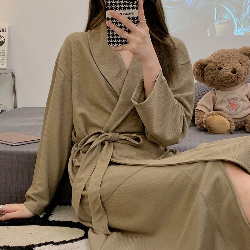 Waffle pajamas womens autumn and winter long-sleeved hotel style nightgown bathrobe solid color beauty salon swimming bathrobe sauna clothes 2229 khaki  - Image 5