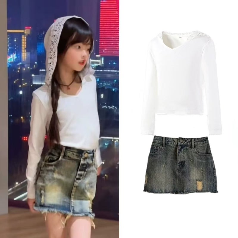 American Retro Style Girl Outfit For Girls, 2026 Spring And Anti-Exposure High-Waisted Stretch Denim Bodycon Mini Skirt - Image 1