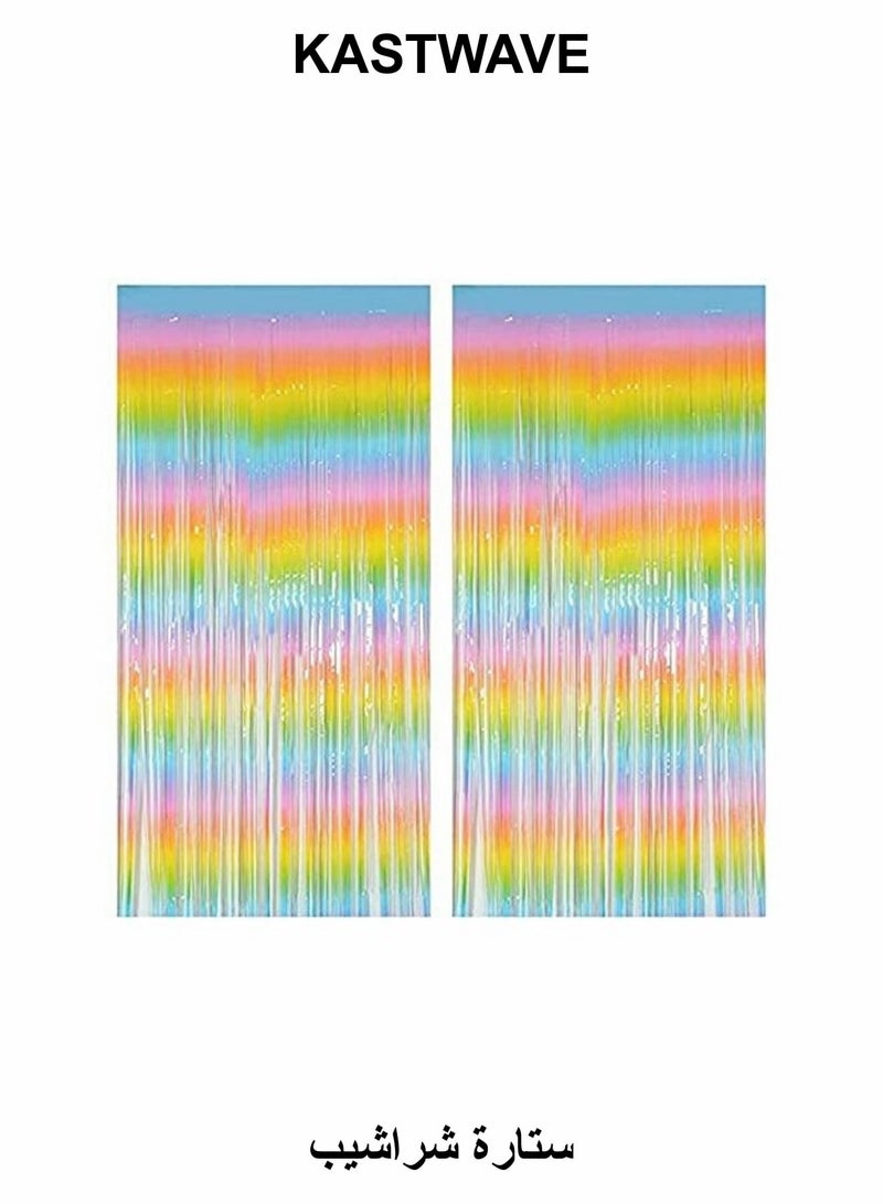 KASTWAVE Rainbow Foil Fringe Curtain, 2PCS 3.28FT x 6.56FT Metallic Tinsel Door Curtains Photo Booth Backdrop - Image 1