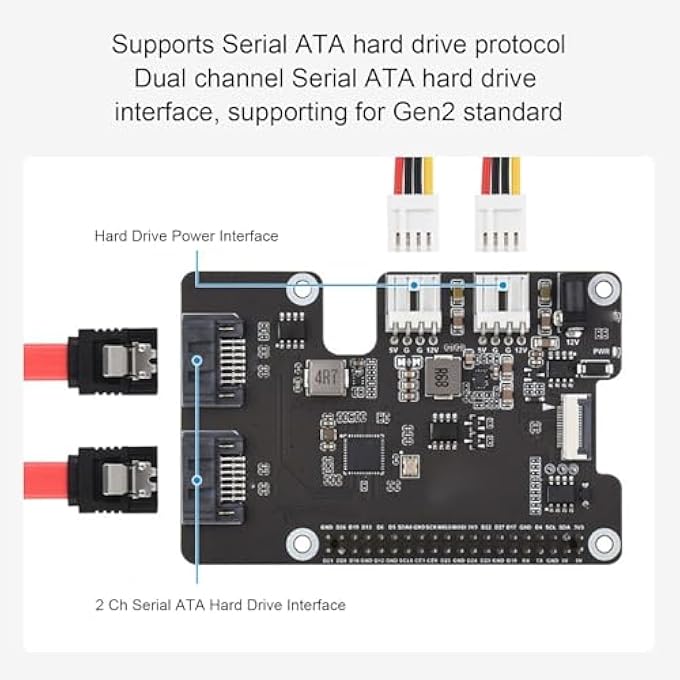 rayihni PCIE TO 2CH SERIAL ATA ADAPTER, REPLACEMENT FOR PI 5 WITH DUAL LED INDICATORS AND EEPROM, SUPPORT SERIAL ATA 3.0 HDD AND PCIE HAT+ STANDARD - Image 3