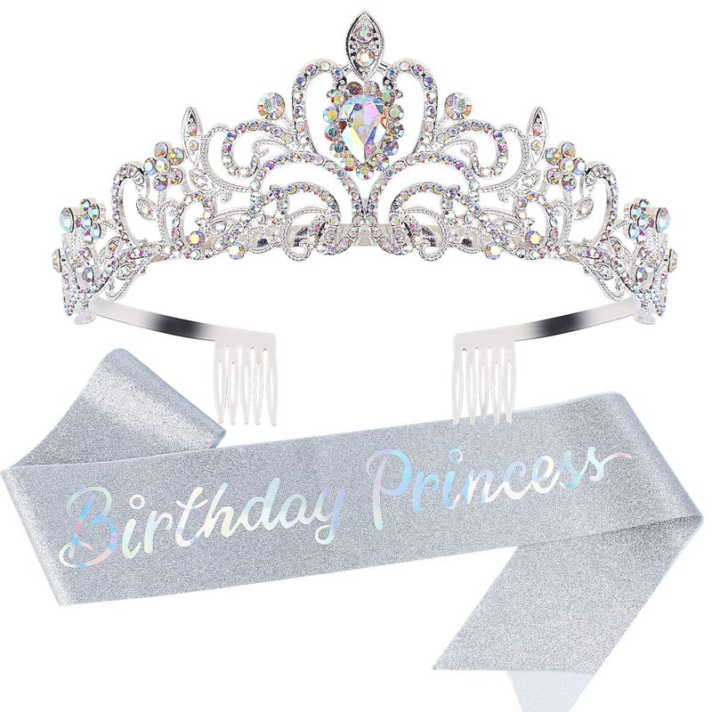 Velscrun Princess Crown Happy Birthday Tiara Girl Sash for Women Cake Popper Birthday Party Decorations for Women Headband Accessories - Image 2