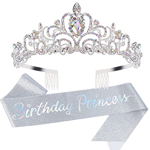 Velscrun Princess Crown Happy Birthday Tiara Girl Sash for Women Cake Popper Birthday Party Decorations for Women Headband Accessories - Image 1