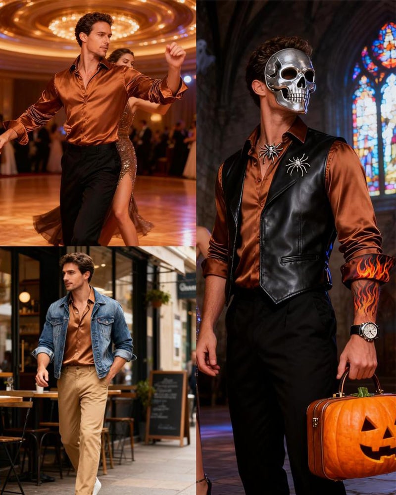 Hi-Tie Mens Long Sleeve Dress Shirt Satin Button Down Casual Prom Wedding Regular Fit Button Up Shirt,Burnt Orange Satin,X-Large - Image 3