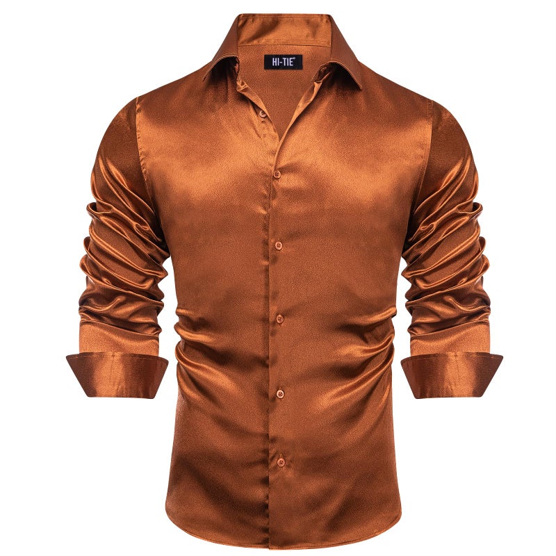 Hi-Tie Mens Long Sleeve Dress Shirt Satin Button Down Casual Prom Wedding Regular Fit Button Up Shirt,Burnt Orange Satin,X-Large - Image 1