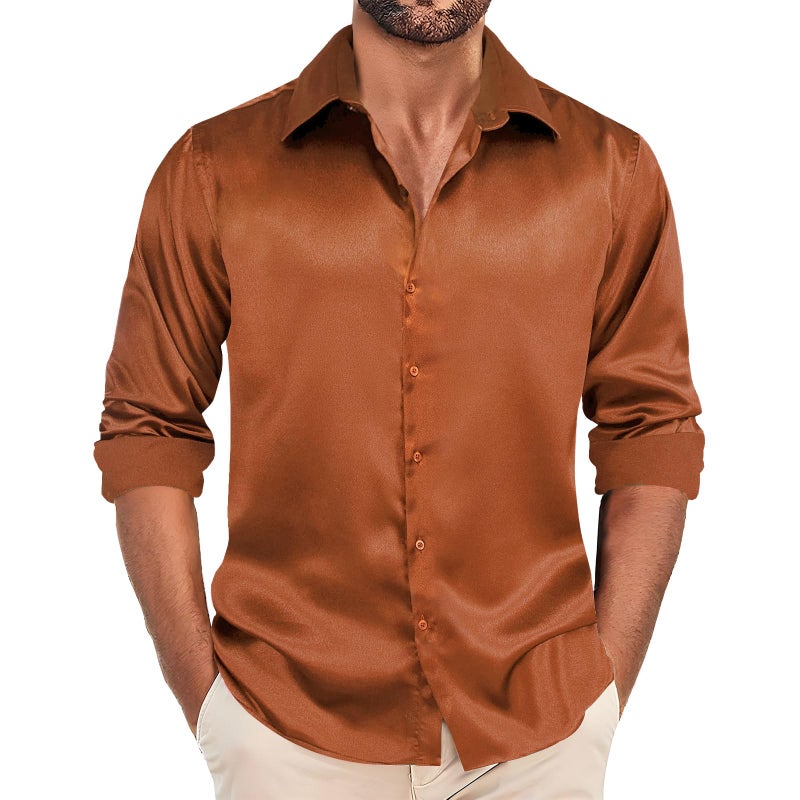 Hi-Tie Mens Long Sleeve Dress Shirt Satin Button Down Casual Prom Wedding Regular Fit Button Up Shirt,Burnt Orange Satin,X-Large - Image 2