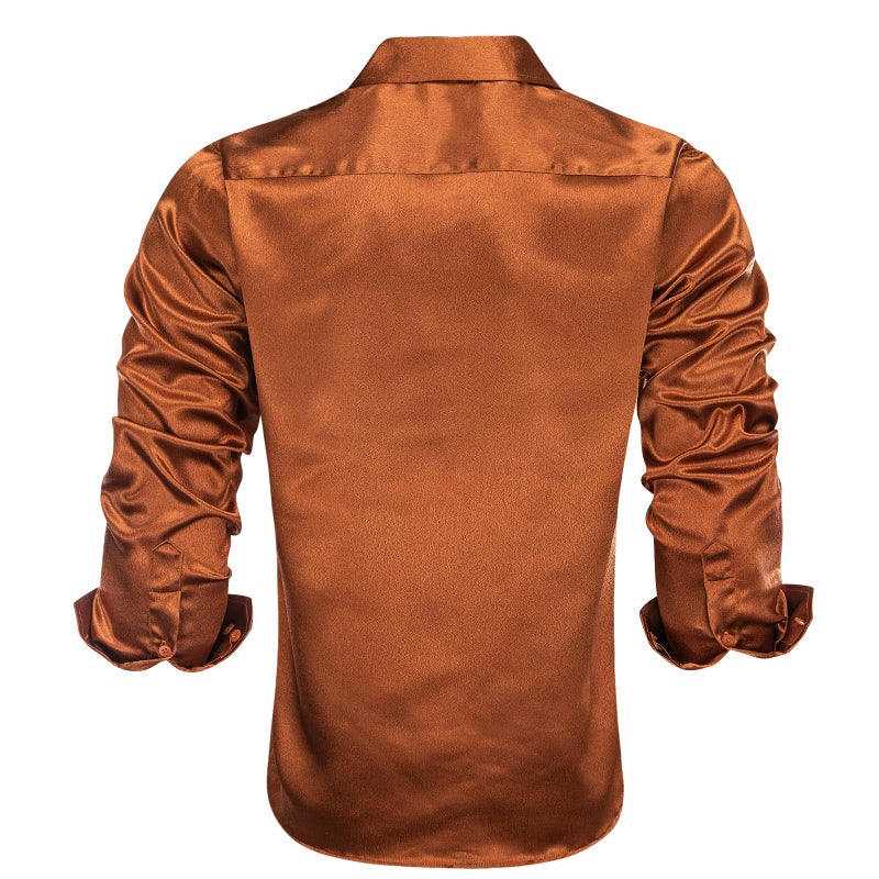 Hi-Tie Mens Long Sleeve Dress Shirt Satin Button Down Casual Prom Wedding Regular Fit Button Up Shirt,Burnt Orange Satin,X-Large - Image 4