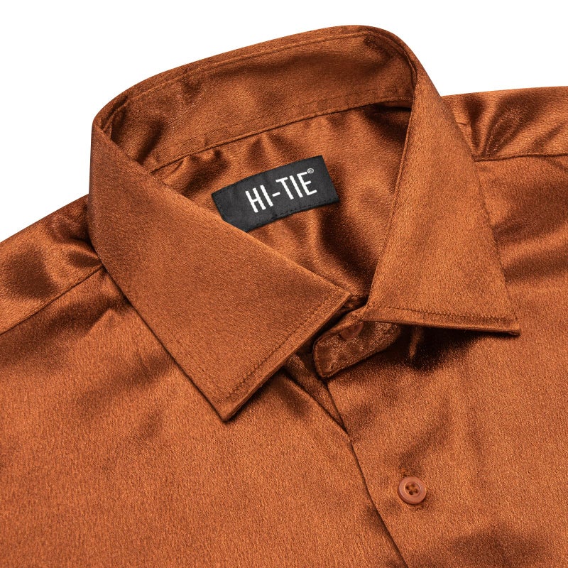 Hi-Tie Mens Long Sleeve Dress Shirt Satin Button Down Casual Prom Wedding Regular Fit Button Up Shirt,Burnt Orange Satin,X-Large - Image 5