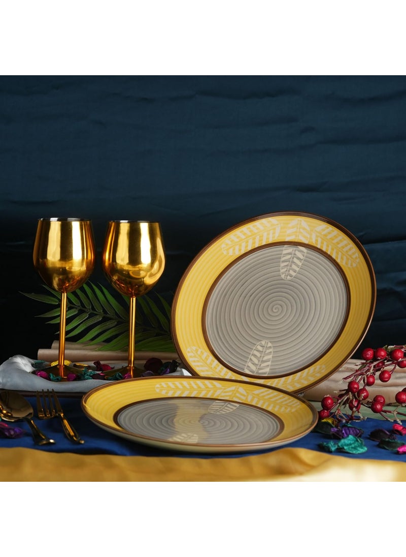 Caffeine Caffeine Ceramic Handmade Yellow Leaf Print Dinner Plates 10 inch Set of 2 Ceramic Plates for Dinner (Microwave & Dishwasher)  - Image 1