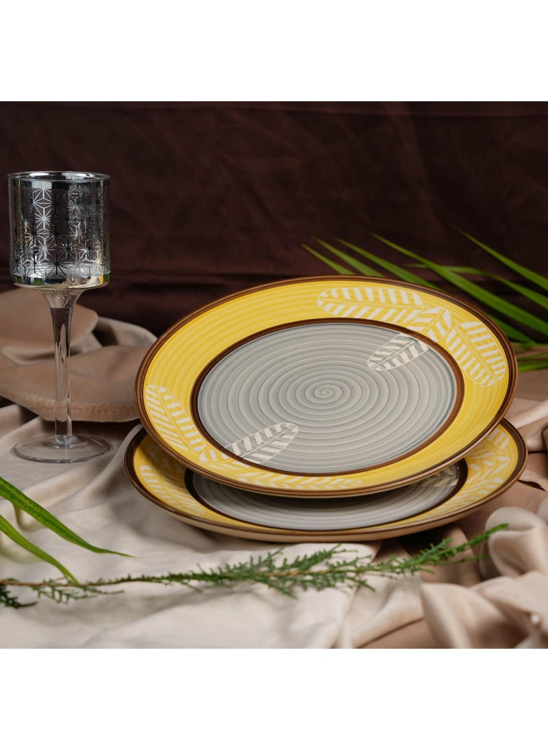 Caffeine Caffeine Ceramic Handmade Yellow Leaf Print Dinner Plates 10 inch Set of 2 Ceramic Plates for Dinner (Microwave & Dishwasher)  - Image 2