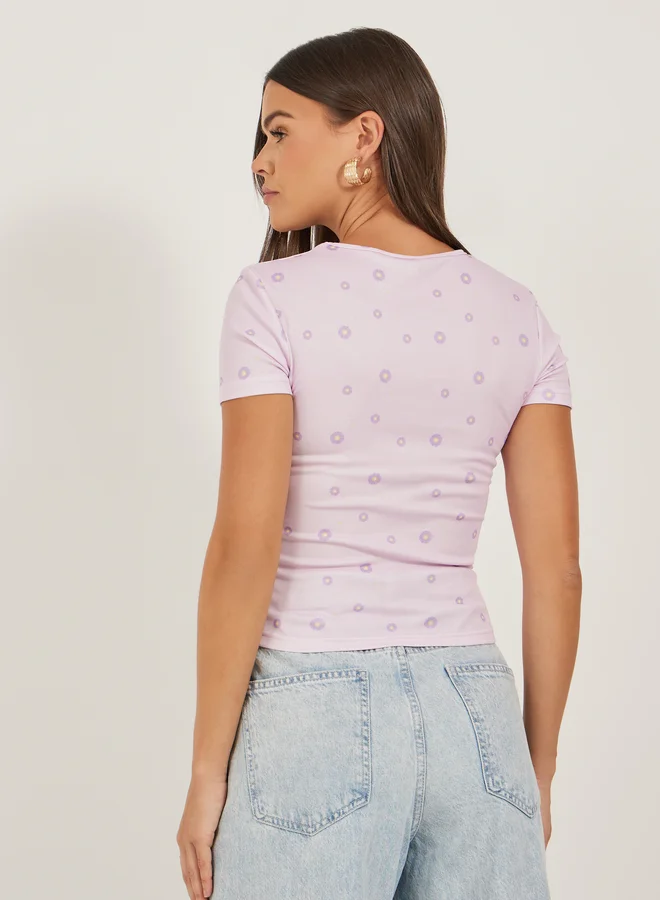 Styli Ribbed Printed Round Neck Fitted T-Shirt