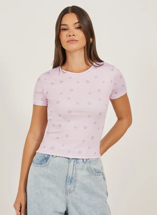Styli Ribbed Printed Round Neck Fitted T-Shirt
