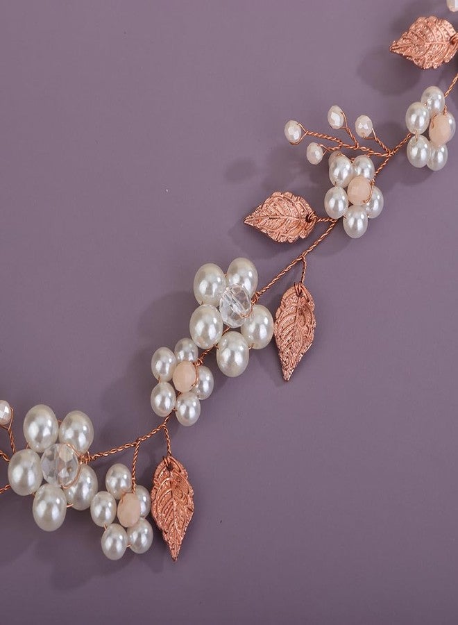 Rumtock Pearl Flower Rose Gold Hair Vine Wedding Bridal Hair Piece Women Banquet Handmade Hair Accessories (Rose Gold) - Image 4