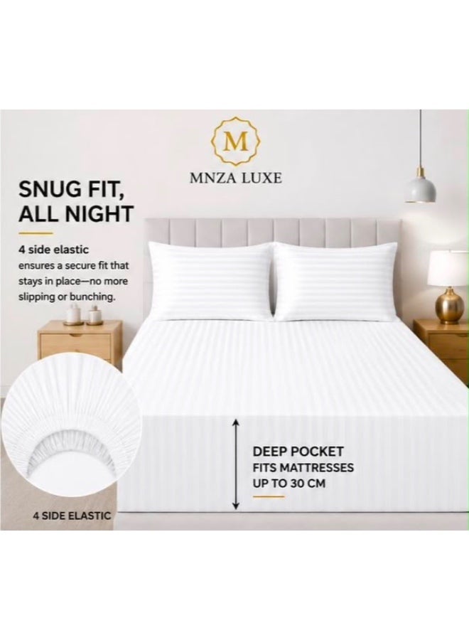 MNZA LUXE طقم ملاءة سرير مايكروفايبر مخططة بخطوط 1 سم، ملاءة سرير مطاطية واحدة + غطاءا وسادتين | فائقة النعومة، قابلة للتنفس ومقاومة للتجاعيد | أبيض - Image 1