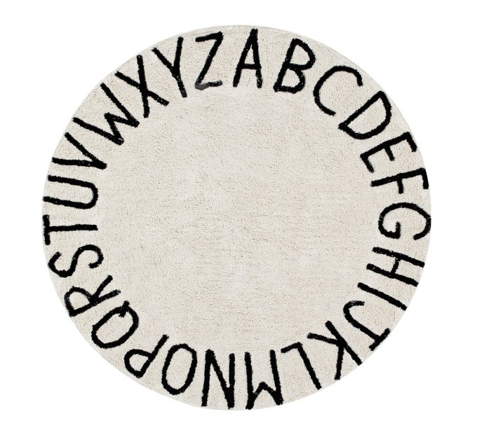 WASHABLE AREA RUG FOR KIDS ROOM COLLECTION ABC IN COLOR BLACK AND WHITE HANDMADE BY ARTISANS IN ROUND SHAPE AND MADE IN NATURAL COTTON AND NONTOXIC DYES SIZE 5 X 5