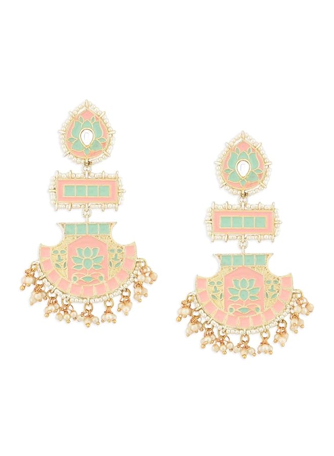erorex Peach And Green Meenakari Lotus Design Dangle Earring For Women Zpfk12136 - Image 1