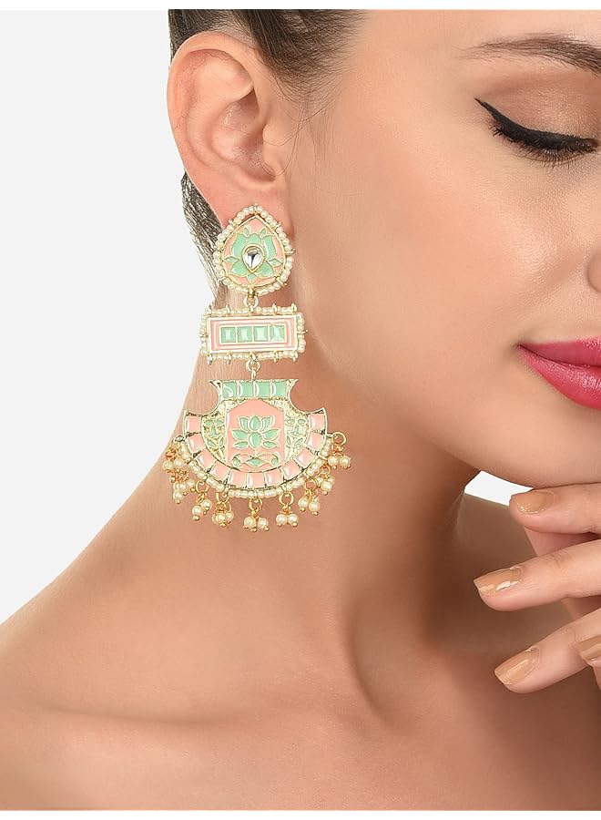 erorex Peach And Green Meenakari Lotus Design Dangle Earring For Women Zpfk12136 - Image 2