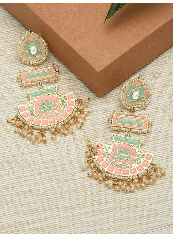 erorex Peach And Green Meenakari Lotus Design Dangle Earring For Women Zpfk12136 - Image 3