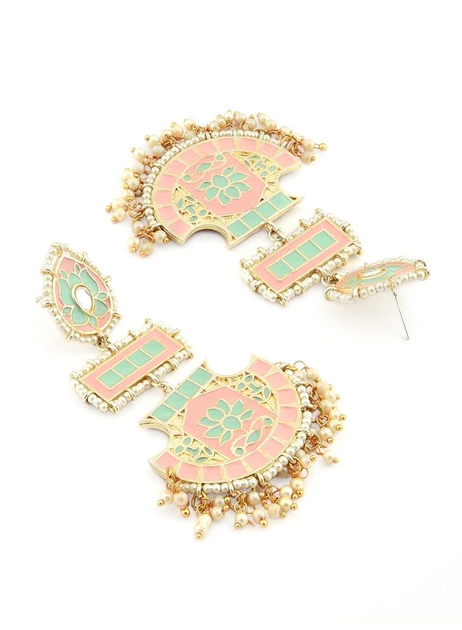 erorex Peach And Green Meenakari Lotus Design Dangle Earring For Women Zpfk12136 - Image 5