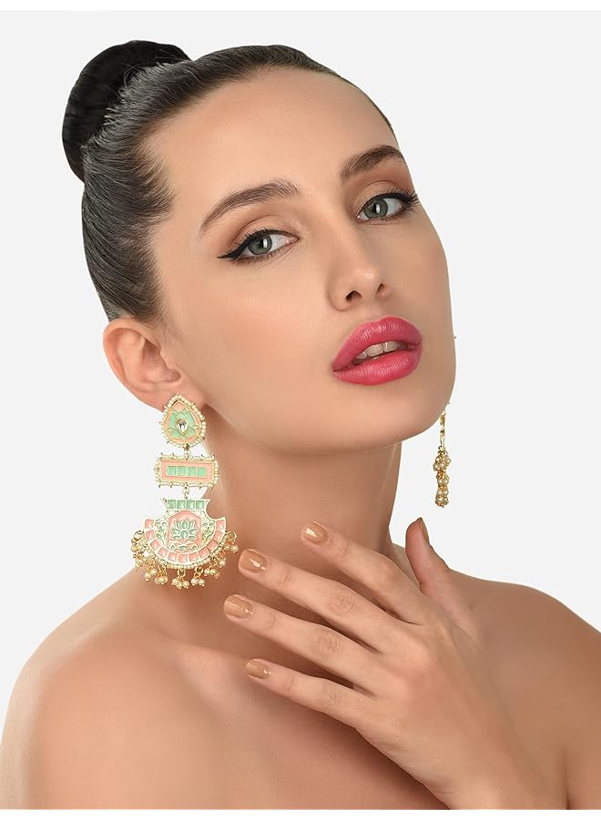 erorex Peach And Green Meenakari Lotus Design Dangle Earring For Women Zpfk12136 - Image 4