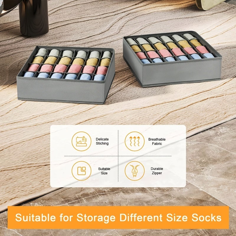 Sock Drawer Organizer: 24 Cell Gray Fabric Collapsible Underwear Organizer - Flexible 1/2 Pack Options Drawer Divider for Home Closet Dresser Drawer Storage - Image 3