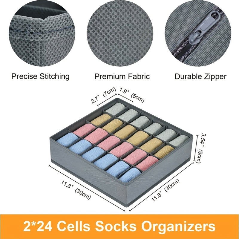 Sock Drawer Organizer: 24 Cell Gray Fabric Collapsible Underwear Organizer - Flexible 1/2 Pack Options Drawer Divider for Home Closet Dresser Drawer Storage - Image 5