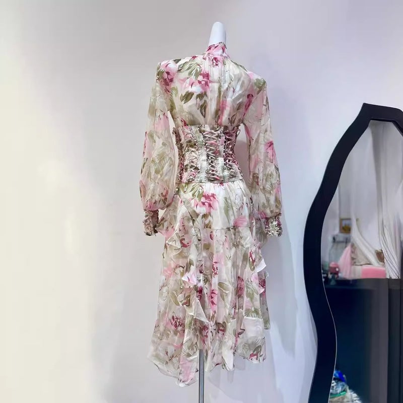 2024 Spring Vintage Irregular Print Dress Color