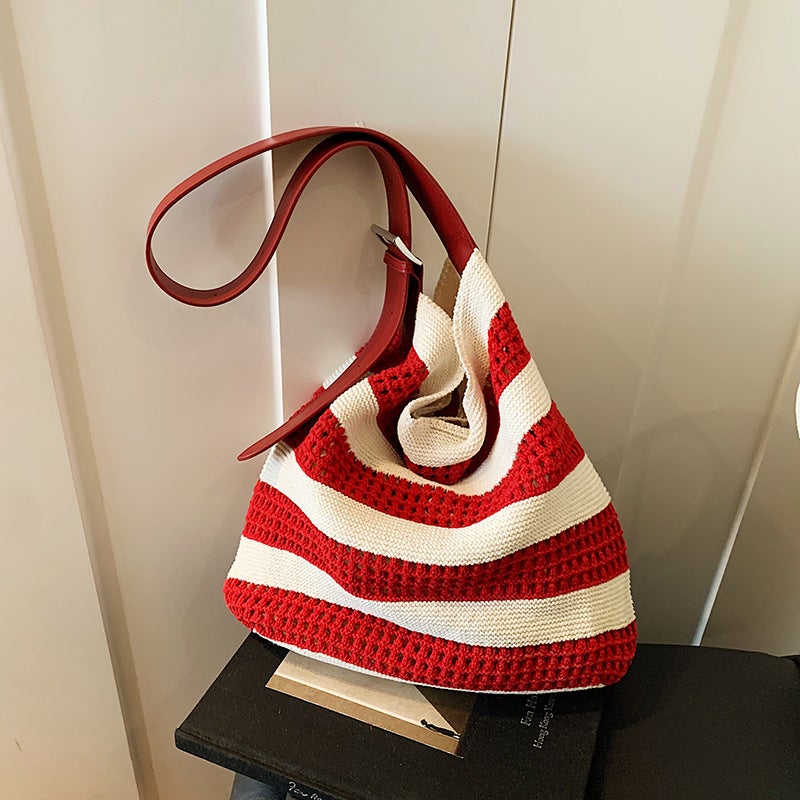 Korean Ins Style Woven Stripesd Tote Bag For Women 2025 Summer Large Capacity Versatile Knitted Shoulder Crossbody Bag - Image 2