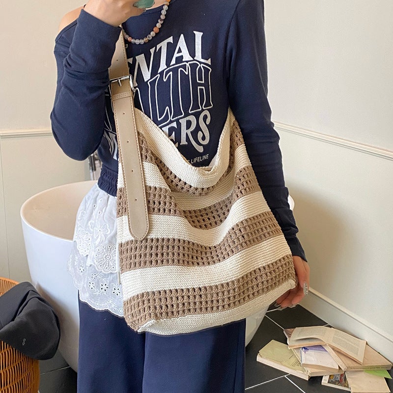 Korean Ins Style Woven Stripesd Tote Bag For Women 2025 Summer Large Capacity Versatile Knitted Shoulder Crossbody Bag - Image 4