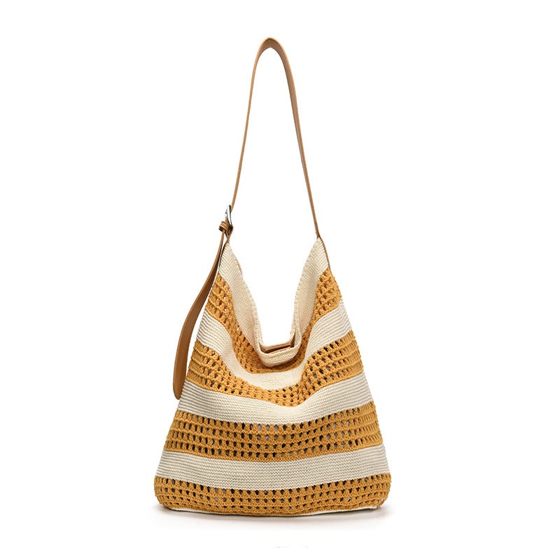 Korean Ins Style Woven Stripesd Tote Bag For Women 2025 Summer Large Capacity Versatile Knitted Shoulder Crossbody Bag - Image 1