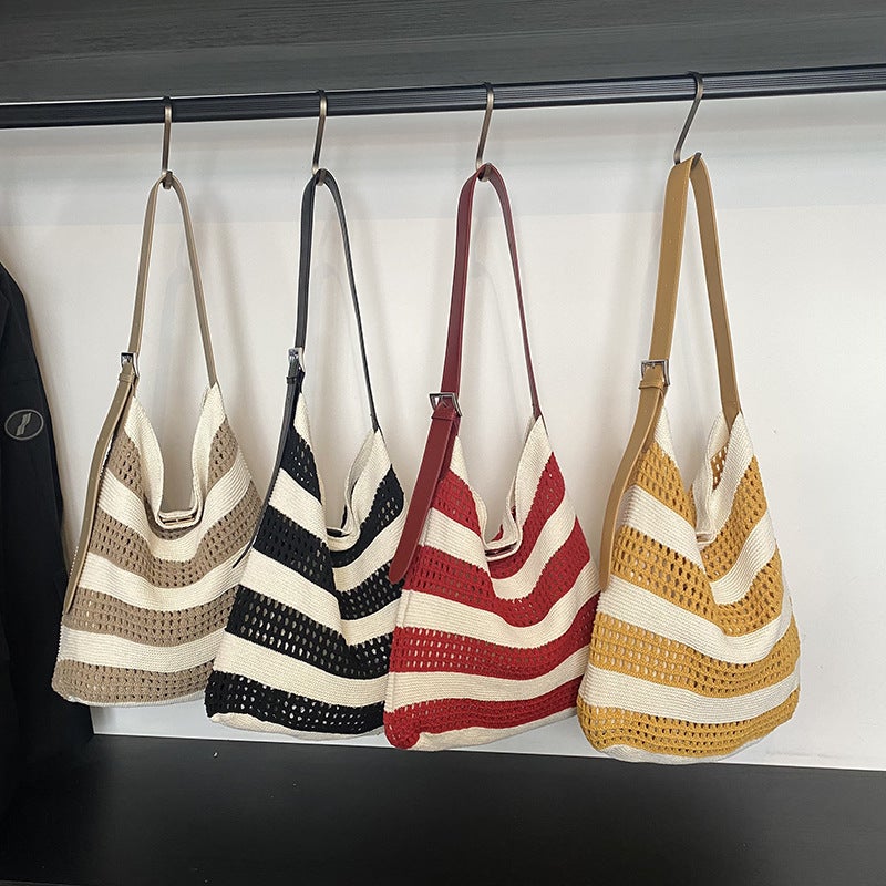Korean Ins Style Woven Stripesd Tote Bag For Women 2025 Summer Large Capacity Versatile Knitted Shoulder Crossbody Bag - Image 5