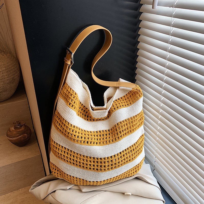 Korean Ins Style Woven Stripesd Tote Bag For Women 2025 Summer Large Capacity Versatile Knitted Shoulder Crossbody Bag - Image 3