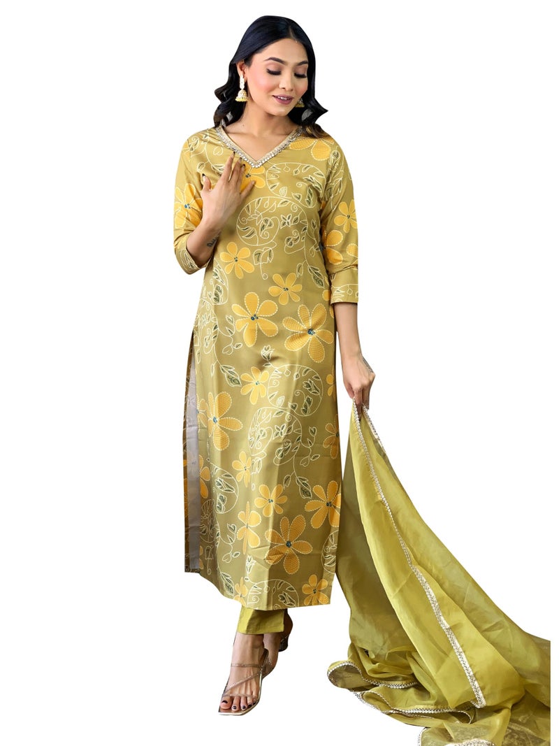 Naixa Women's Rayon Embroidered and Printed Straight Kurta with Pant and Dupatta Sets (NX-510-Lemon-L) - Image 1