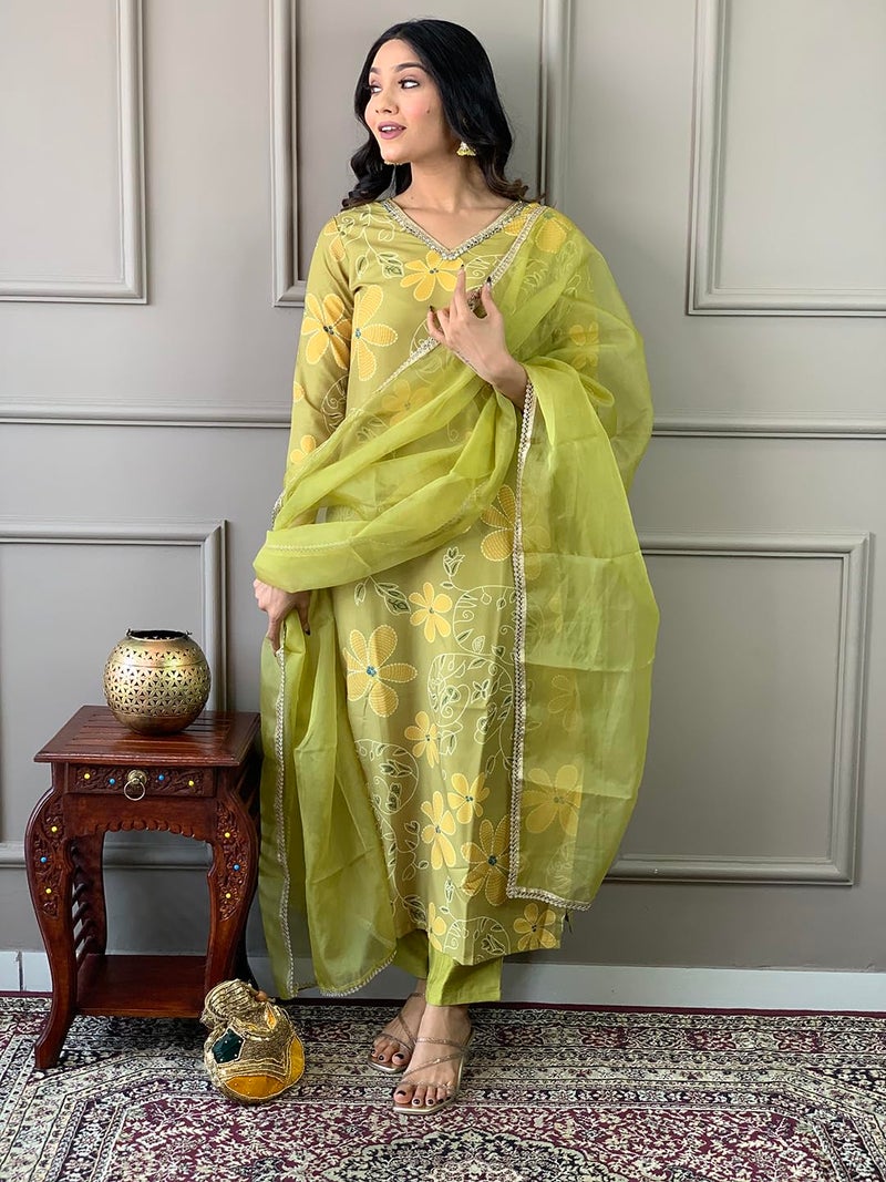 Naixa Women's Rayon Embroidered and Printed Straight Kurta with Pant and Dupatta Sets (NX-510-Lemon-L) - Image 2