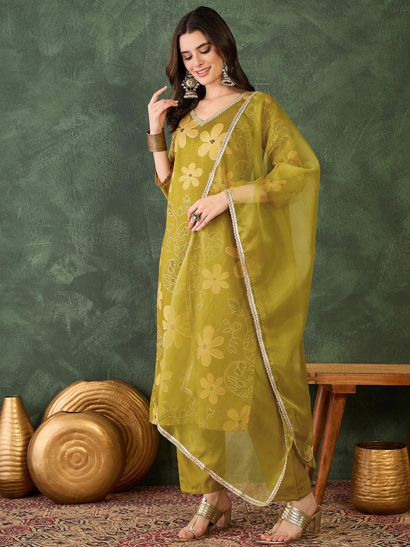 Naixa Women's Rayon Embroidered and Printed Straight Kurta with Pant and Dupatta Sets (NX-510-Lemon-L) - Image 3