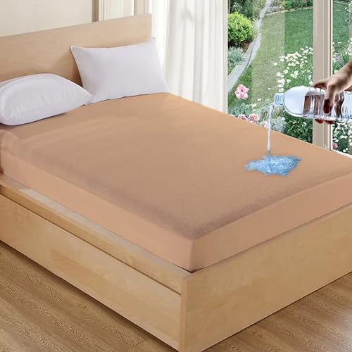 AVI Cotton Feel Terry Soft Waterproof Bed Mattress Protector Super King Size 84x78 inch | Breathable Elastic Fitted Mattresses Cover for Super King Size Bed (7x6.5 ft, Beige, Fit On 2-10 Inch) - Image 1