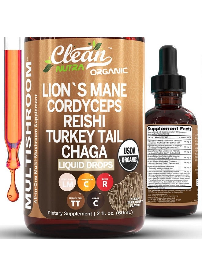 Clean Nutraceuticals قطرات سائلة من مكمل الفطر العضوي مع فطر ليوينز ماني وفطر ذيل الديك الرومي وكورديسيبس وريشي وتشاجا وشيتاكي ومايتاكي وترميلا وفطر المحار وبوريا وفطر إنوكيتاكي - مزيج معقد من كلين نوترا - Image 1