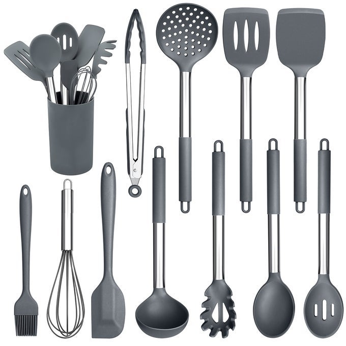 KITCHEN UTENSILS SET 12 PIECES SILICONE COOKING UTENSILS WITH STAINLESS STEEL HANDLE HEAT RESISTANT COOKING TOOLS TURNER SPOON SPATULA SET WITH HOLDER EASY TO CLEAN GREY