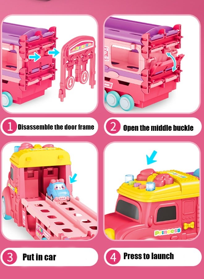Aikenn Princess Transport Truck Toys, Dual Race Track and Ejection Car, Big Truck Folding Storage Track Alloy Racing Car Transporter Inertia Truck, 6 Metal Cars and Foldable Storage Transporter Set, Toddler Car Toy Gift for Girls - Image 4