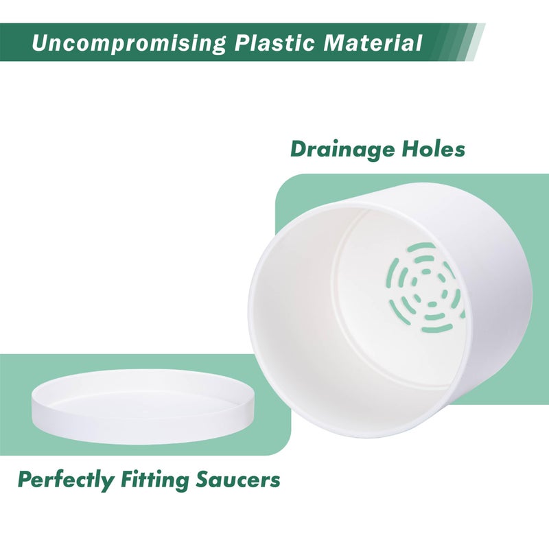 D'vine Dev 2 Pack 8 Inch Modern Plastic Plant Pots, Cylindrical Garden Planters for Plants with Drainage Holes and Saucers, White, 74-Z-M-1 - Image 4