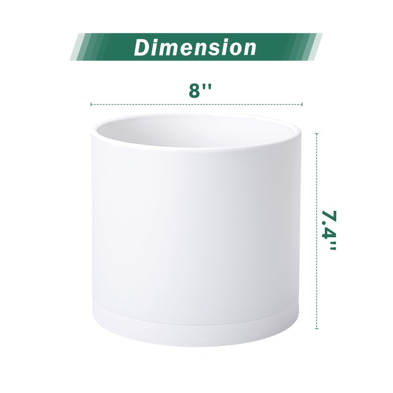 D'vine Dev 2 Pack 8 Inch Modern Plastic Plant Pots, Cylindrical Garden Planters for Plants with Drainage Holes and Saucers, White, 74-Z-M-1 - Image 2