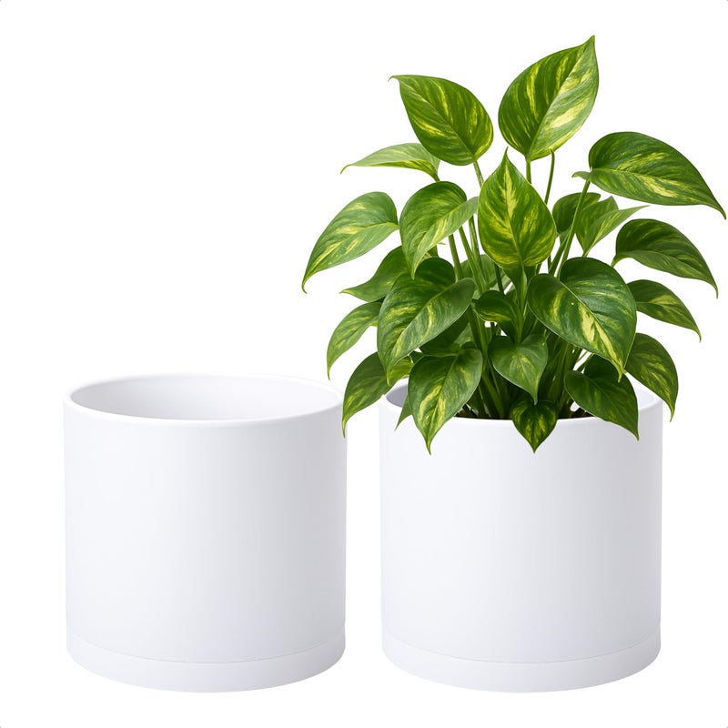 D'vine Dev 2 Pack 8 Inch Modern Plastic Plant Pots, Cylindrical Garden Planters for Plants with Drainage Holes and Saucers, White, 74-Z-M-1 - Image 1