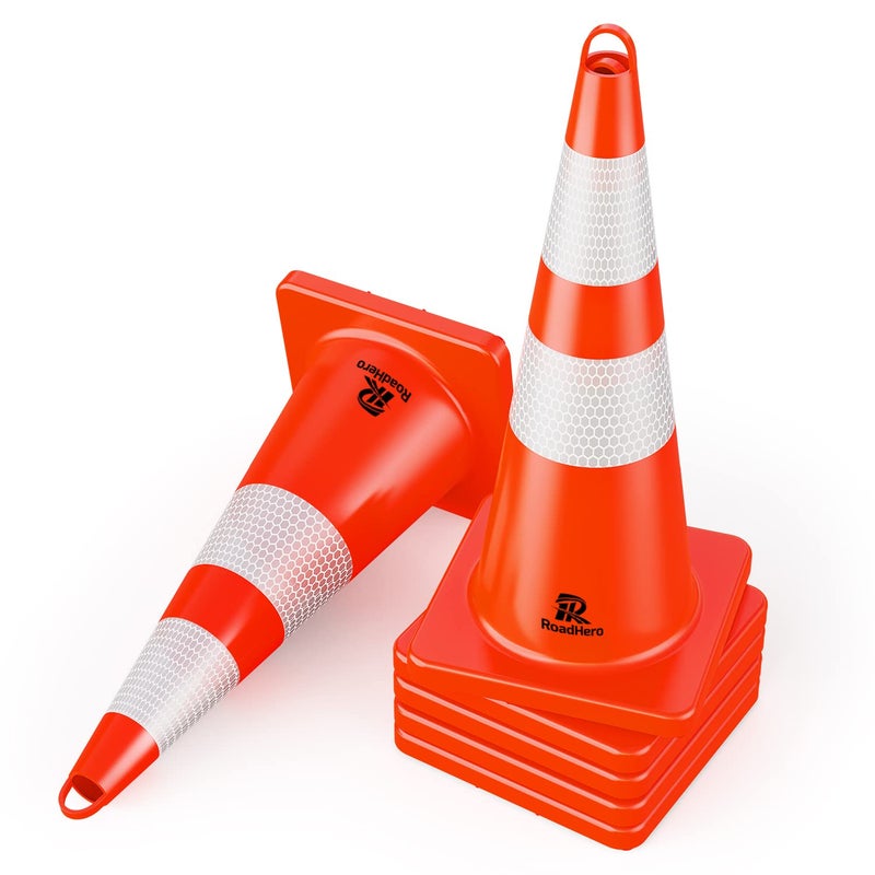 RoadHero 6 Pack Traffic Cones 28 Inch Safety Cones with Reflective Collar Orange Cones with Handle PVC Heavy Duty Cones for Parking Lot Driving Training