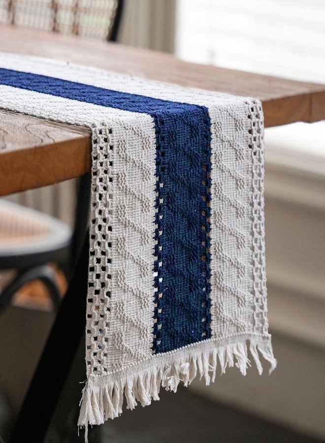 duduta Navy Blue Boho Macrame Table Runner 72 inches Long, Rustic Farmhouse Dresser Covers with Tassels Home Coffee Table Decor - Image 1