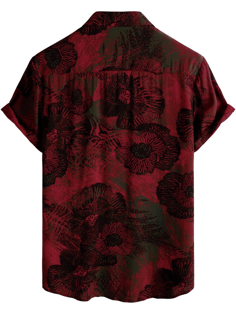 JOTOOK Mens Hawaiian Shirt Short Sleeve Button Down Tropical Shirts Casual Floral Summer Beach Shirt Large WineRed - Image 3