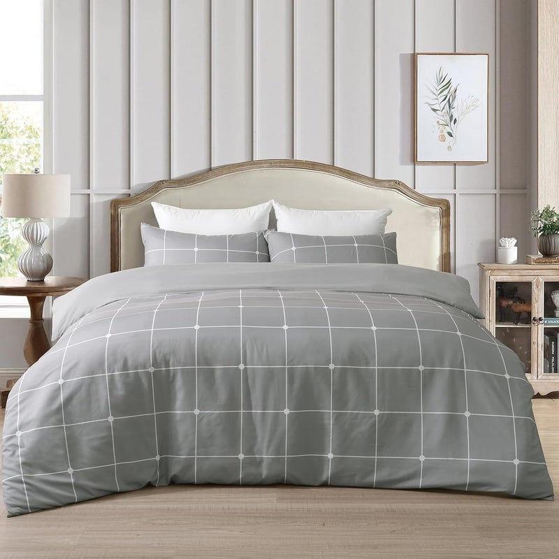 PHF 3 Piece Ultra soft Plaid Pattern Duvet cover Set in King Size, set includes 1 x duvet cover 220cm x 230cm + 2x 50cm x 75cm Pillowcases, Grey - Image 5